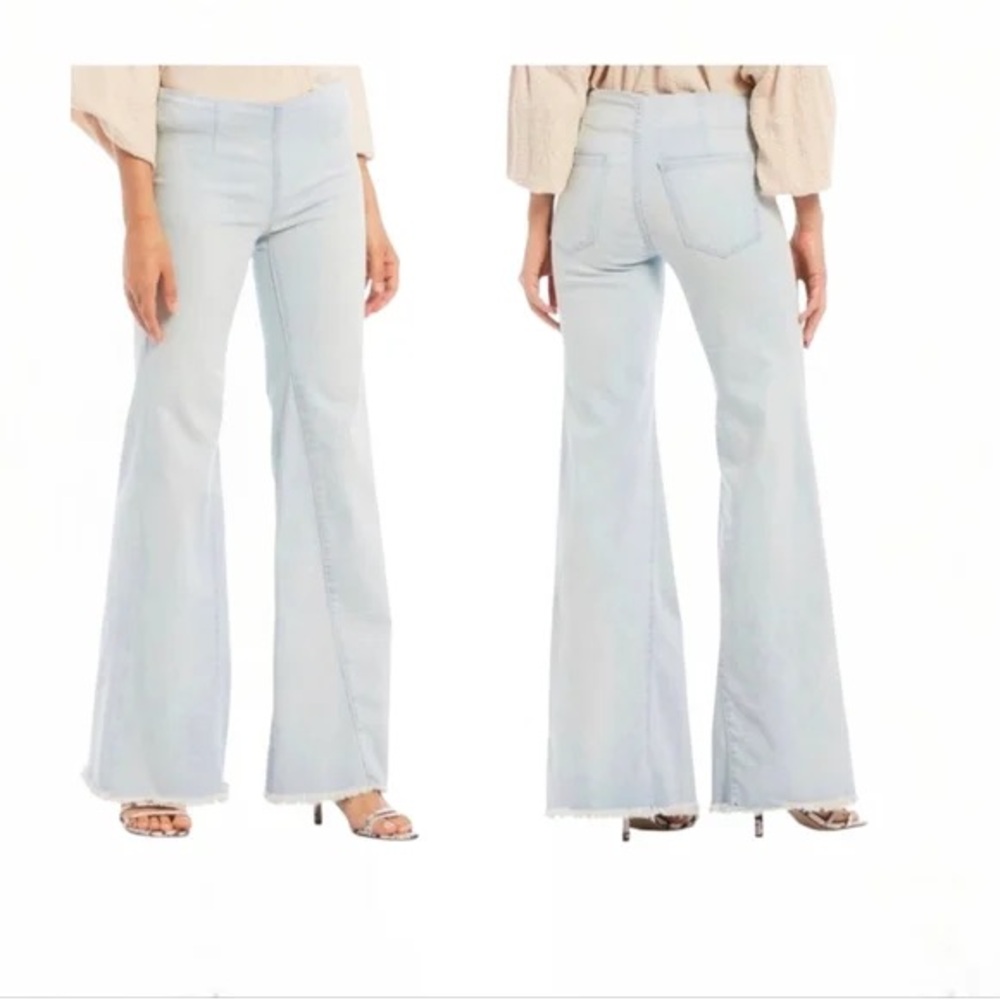Free People Drapey Aline Flare High Rise Light Blue Pull On Stretch Jeans, 30